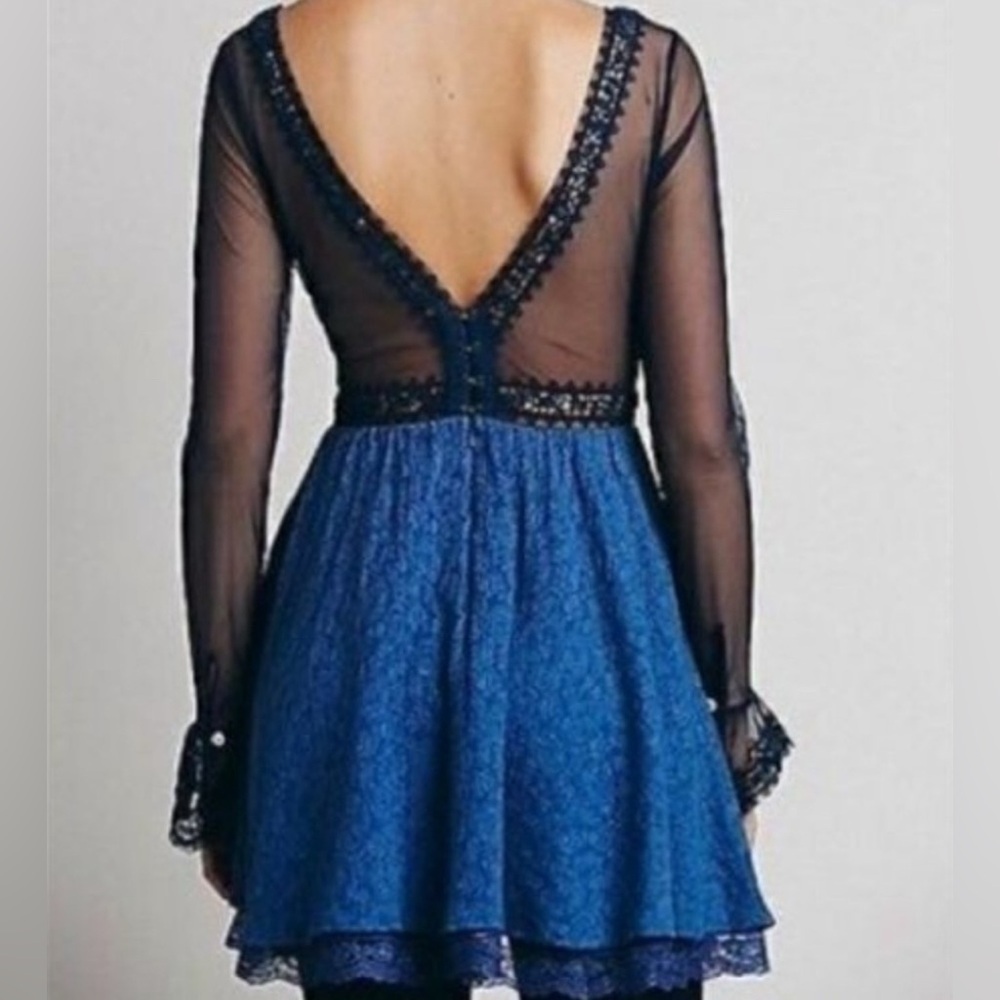 FREE PEOPLE Fairy Feminine Rave Whimsigoth Sz 2 Blue Mesh Lace Sheer Mini Dress - Picture 2 of 16